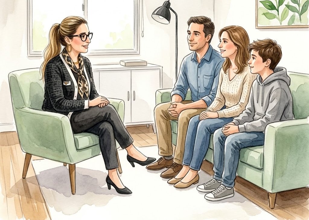 Aquarela da Dra. Leila Sharon conversando com um pai, uma mãe e um filho adolescente, sentados em um sofá.