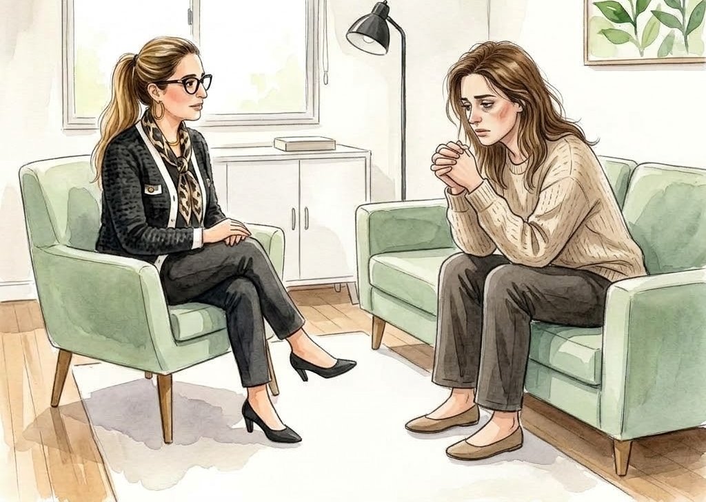 Aquarela da Dra. Leila Sharon escutando uma mulher sentada à sua frente, em ambiente tranquilo.