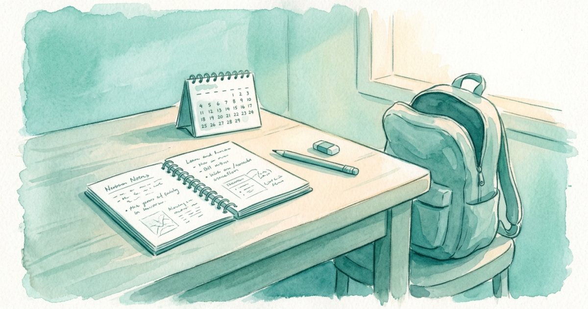 Ilustração de uma mesa de cozinha com um caderno aberto cheio de anotações, um lápis, um pequeno calendário e uma mochila escolar ao lado, em cores suaves e luz de fim de tarde.