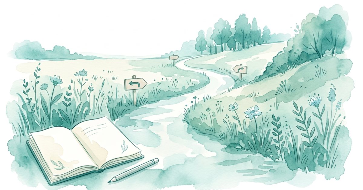 Ilustração em tons suaves de uma trilha sinuosa em campo aberto, com pequenas placas indicando curvas e um caderno de anotações aberto em primeiro plano.