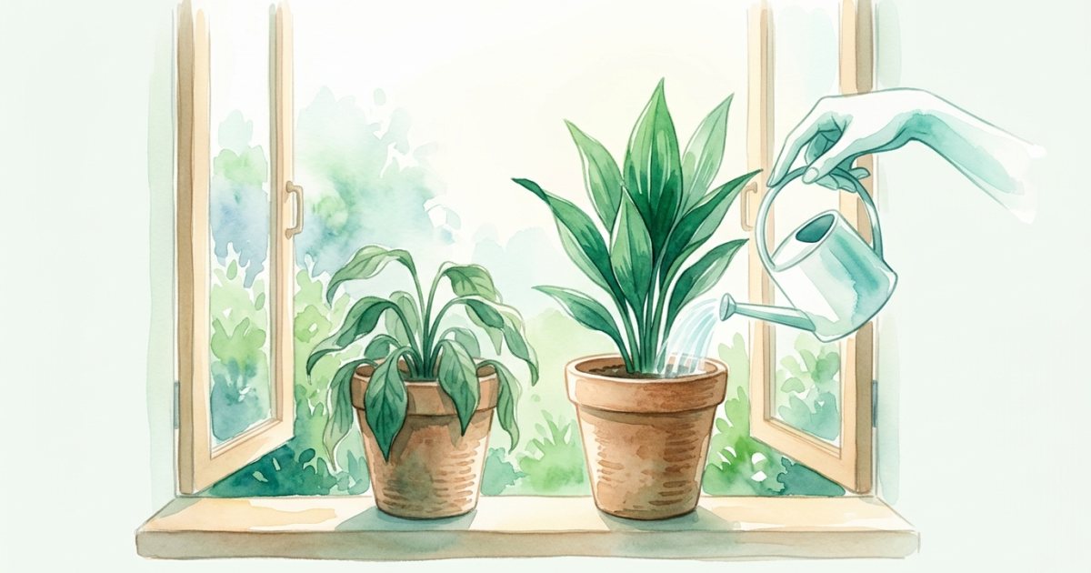 Duas plantas, uma murcha outra viva, com a mão regando a planta viva